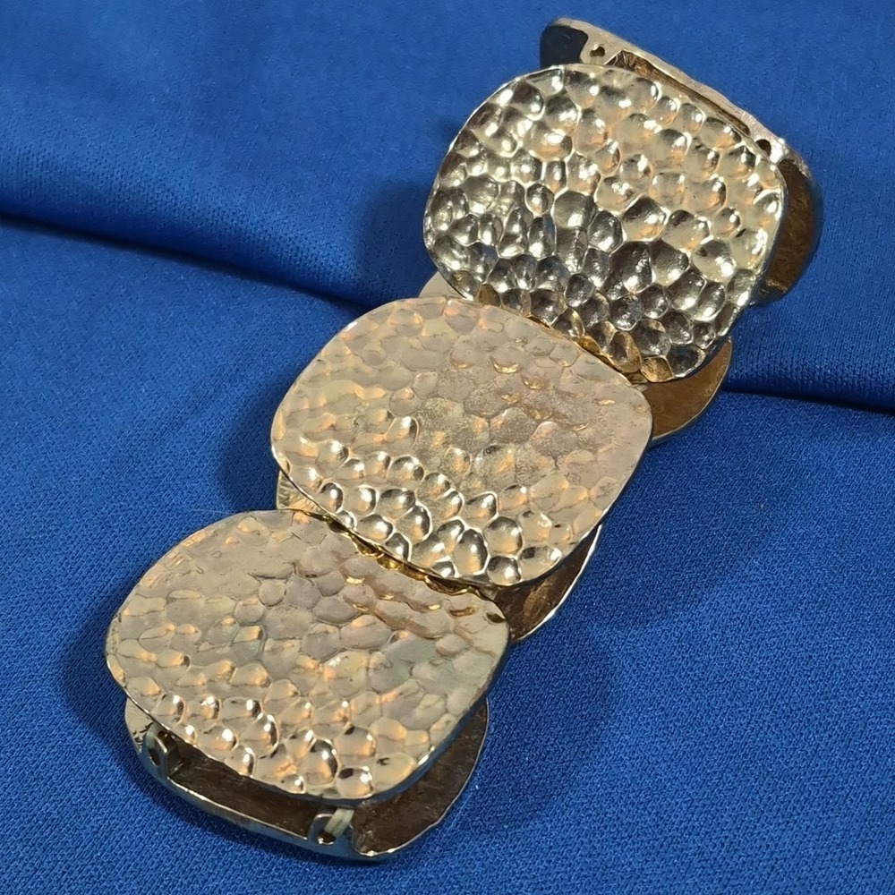 Gold Tone Hammered Panel Stretch Cuff Bracelet Chunky Gladiator Boho Modernist